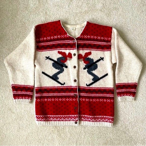 VINTAGE Oversized Wool Knit Downhill Ski Novelty Cardigan Medium - Picture 2 of 8